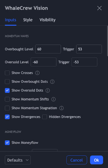 Vision indicator inputs configuration