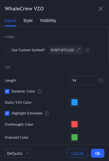 VZO indicator inputs configuration